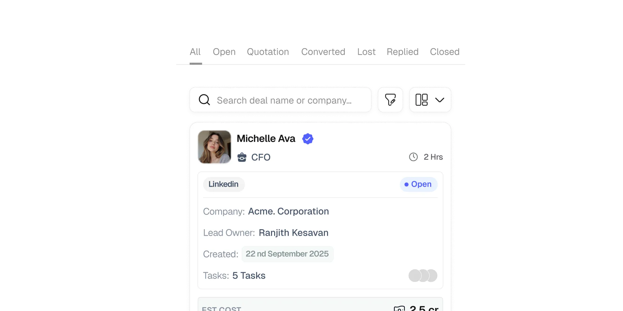 Deal notes list showing feedback, author, and date.